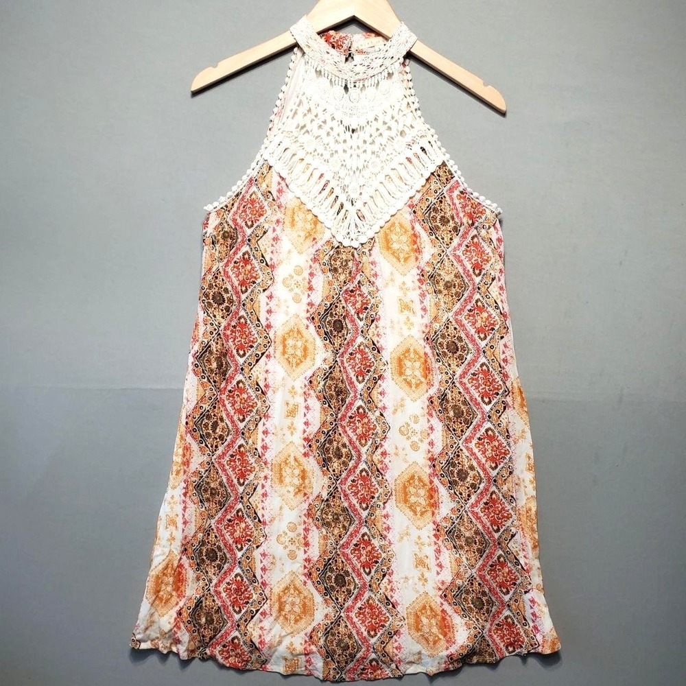 Hint Of Mint Boho Crochet Lace Halter Dress Womens S Orange Festival Cottagecore